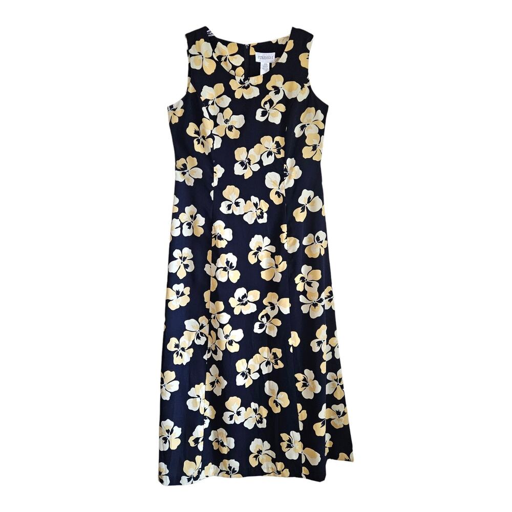 Studio I Women's Dress Sz 10 Black Yellow Floral Hawaiian Sleeveless Midi